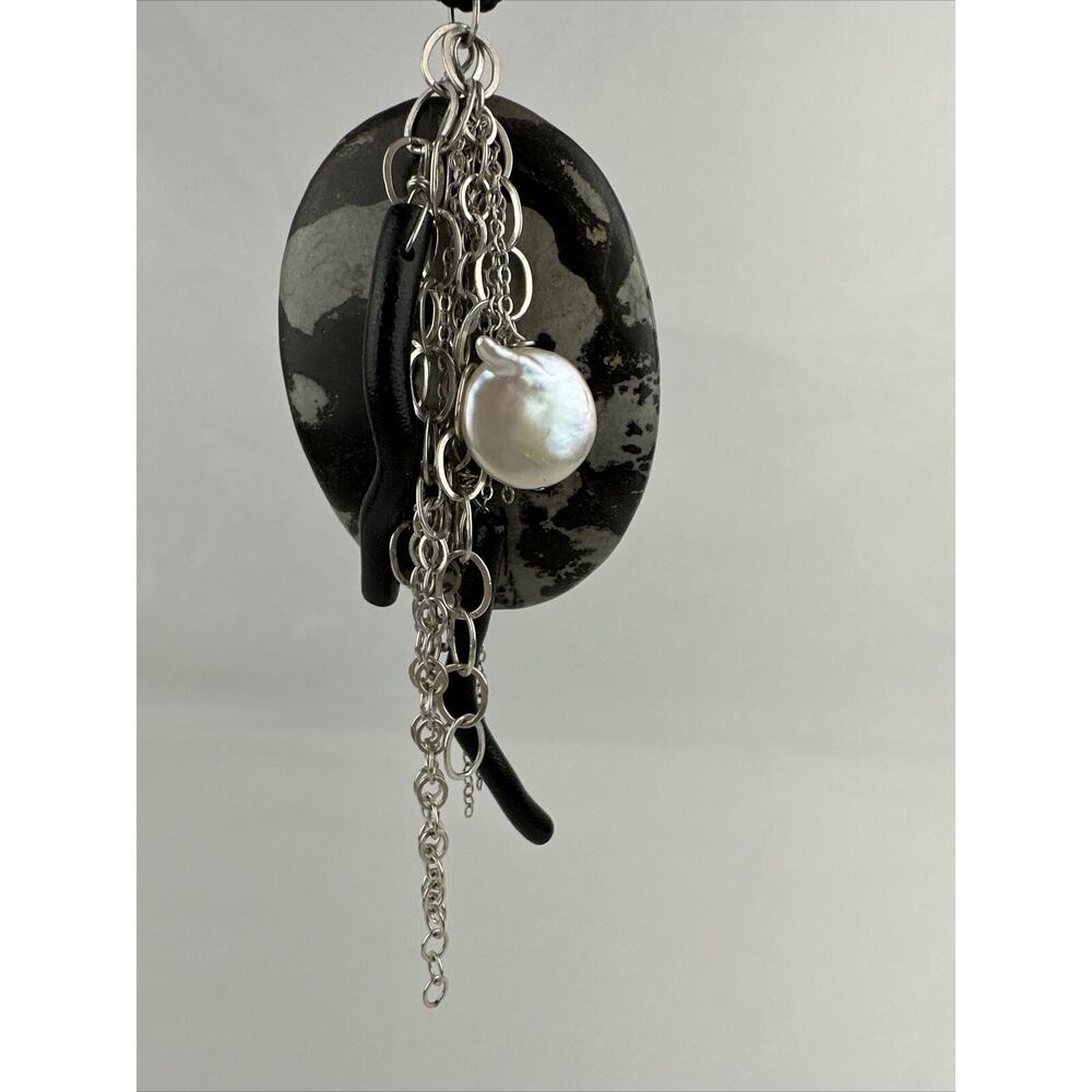 Artist Made Pendant‎ Sterling Silver Chain Natural Pearl Marble Zebra Jasper